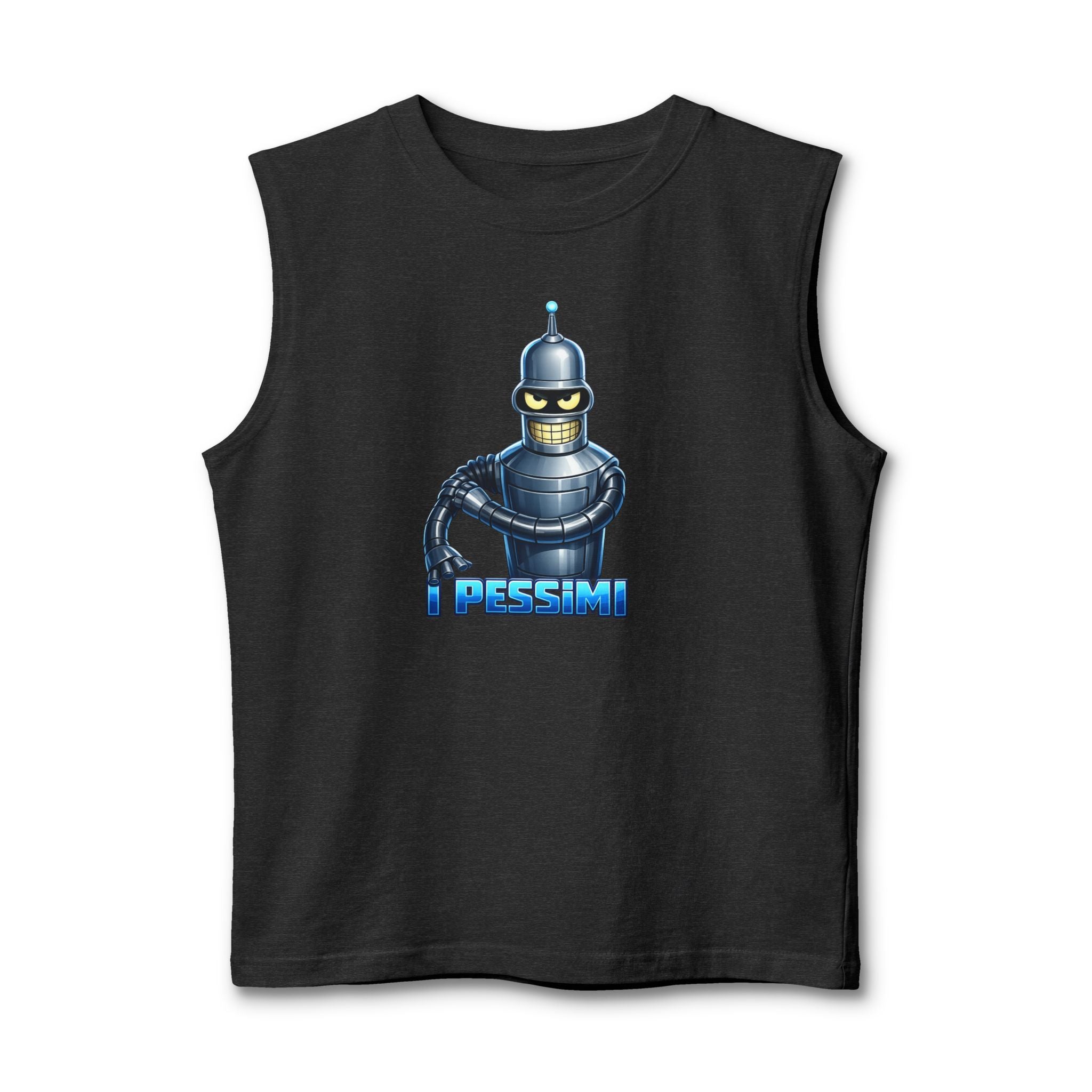 Retro Robot 'Pessimi' Muscle Tank — Funny Sci‑Fi Graphic Tee