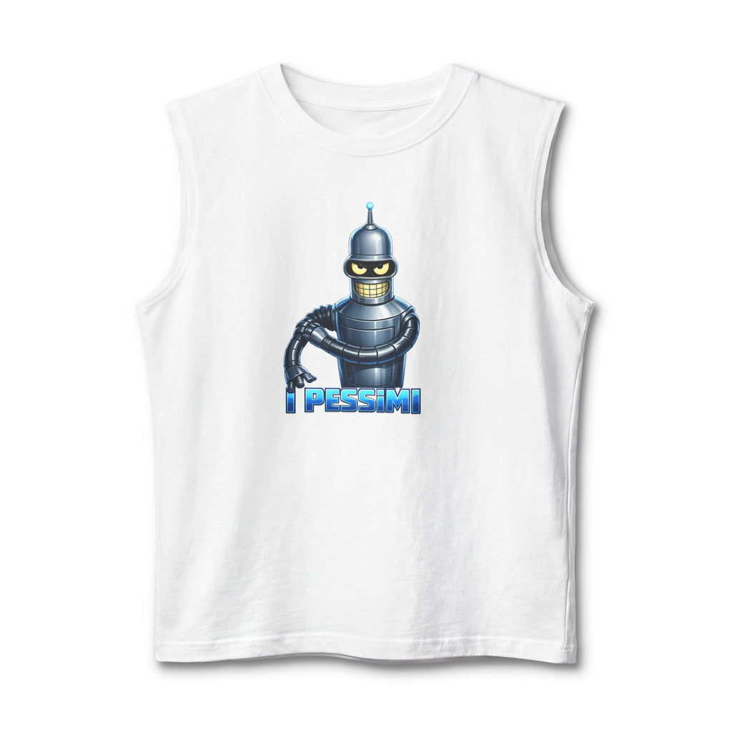 Retro Robot 'Pessimi' Muscle Tank — Funny Sci‑Fi Graphic Tee