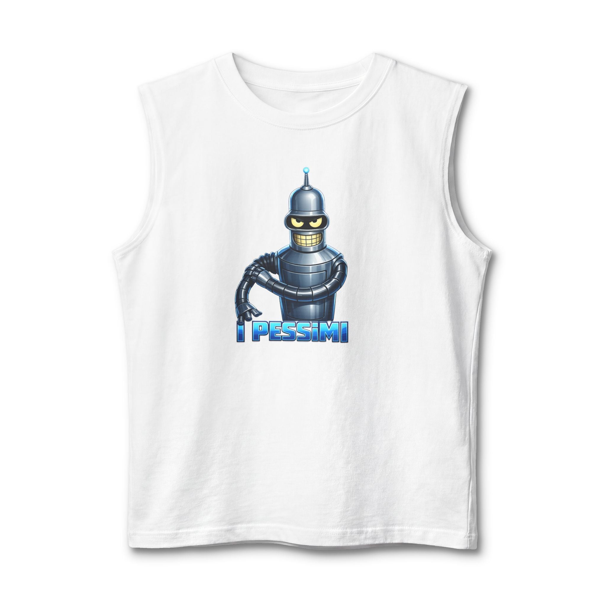 Retro Robot 'Pessimi' Muscle Tank — Funny Sci‑Fi Graphic Tee