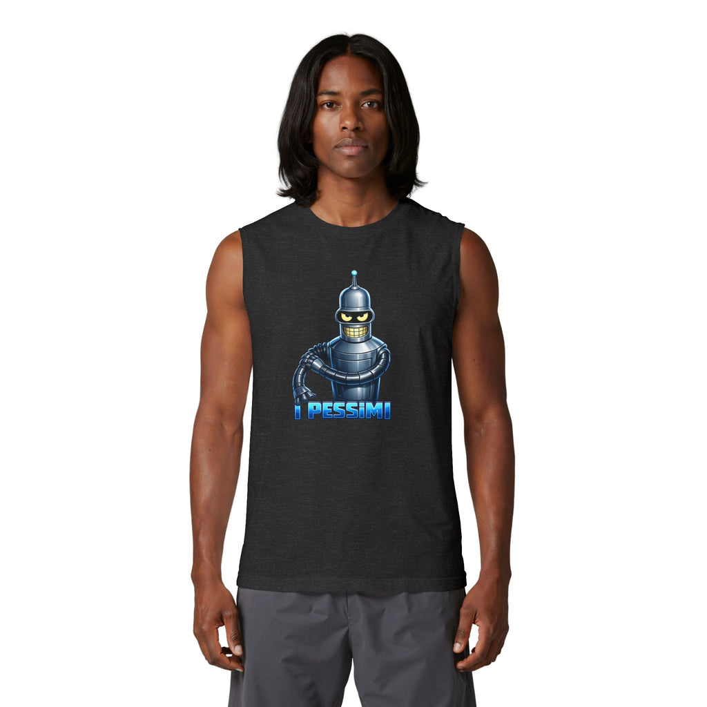Retro Robot 'Pessimi' Muscle Tank — Funny Sci‑Fi Graphic Tee