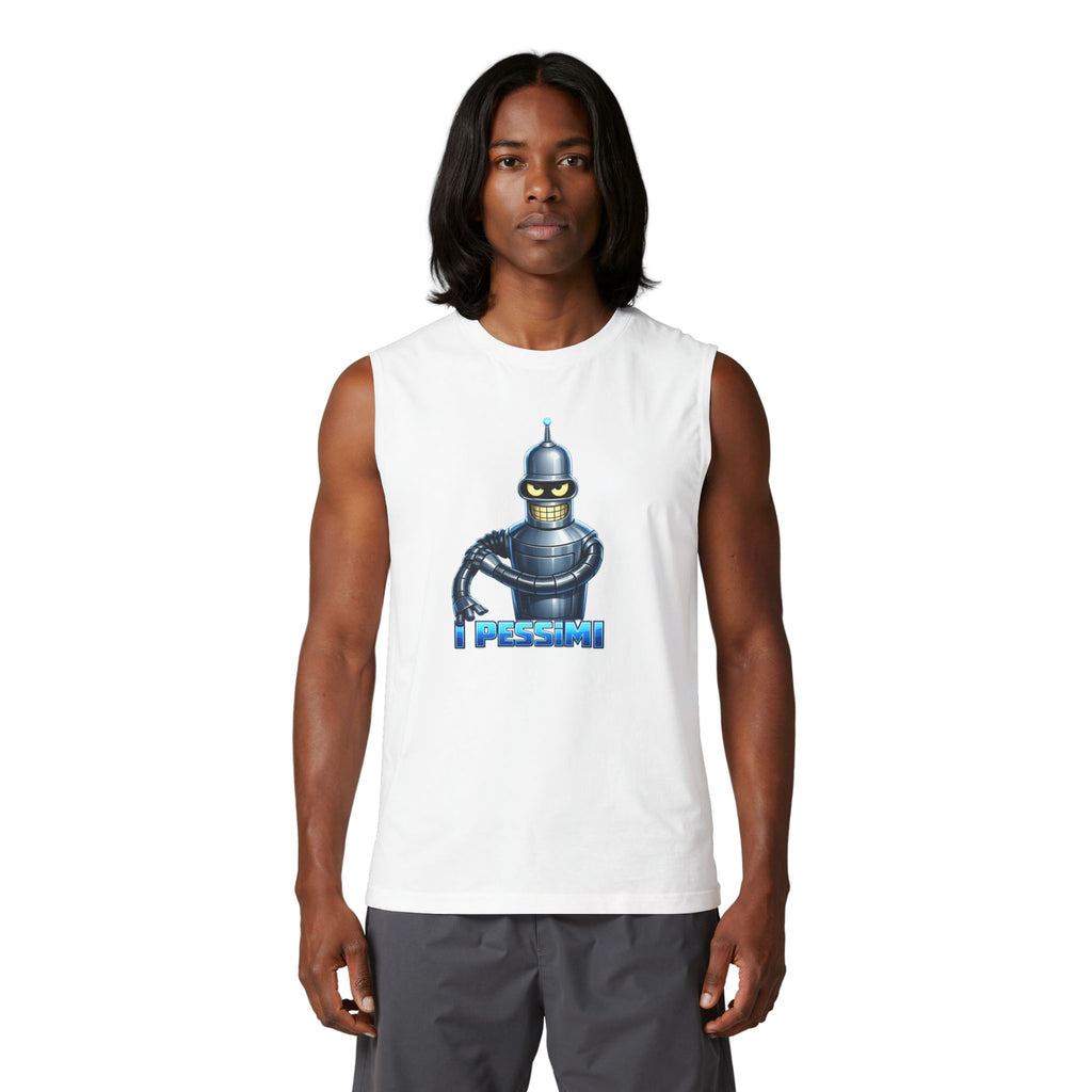 Retro Robot 'Pessimi' Muscle Tank — Funny Sci‑Fi Graphic Tee